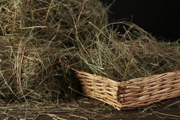 Hay in wicker basket, on dark background