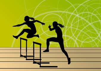 Active women girl sport athletics hurdles barrier running silhou