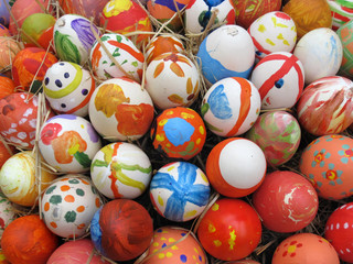 Fototapeta na wymiar Background with Easter Eggs decorated to children