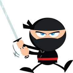 Angry Ninja Warrior Jumping With Katana.Flat Design