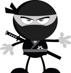 Angry Ninja Warrior Cartoon Character.Flat Design In Gray Color