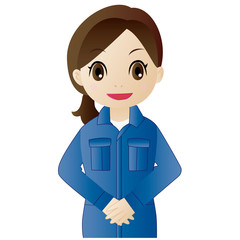 出迎えるつなぎの女性