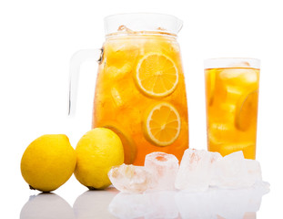 Ice lemon tea over white background