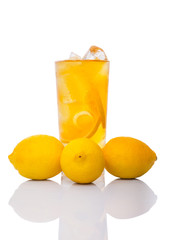 Ice lemon tea over white background