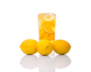Ice lemon tea over white background