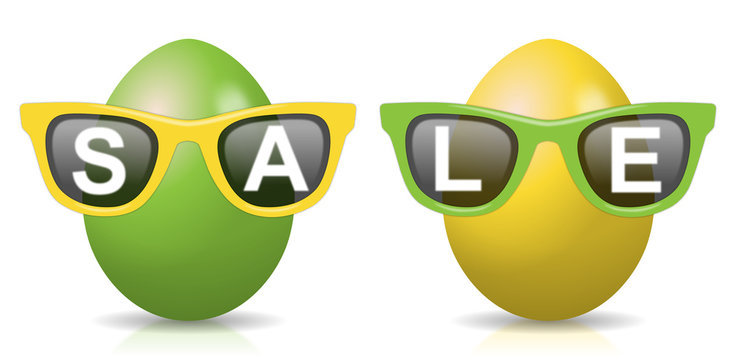 2 gelb-gr&uuml;ne Ostereier mit Sonnenbrillen mit Schriftzug "SALE"