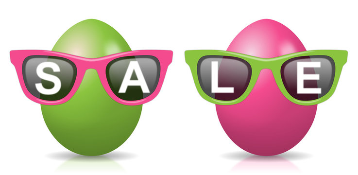 2 pink-gr&uuml;ne Ostereier mit Sonnenbrillen und Schriftzug "SALE"