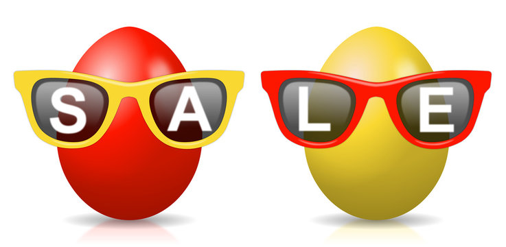 2 rot-gelbe Ostereier mit Sonnenbrillen und Schriftzug "SALE"