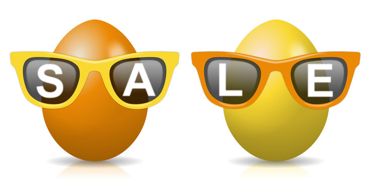 2 orange-gelbe Ostereier mit Sonnenbrillen und Schriftzug "SALE"