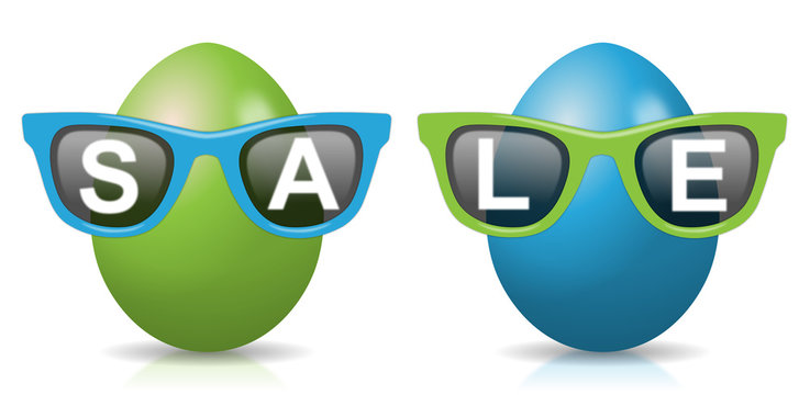 2 gr&uuml;n-blaue Ostereier mit Sonnenbrillen und Schriftzug "SALE"