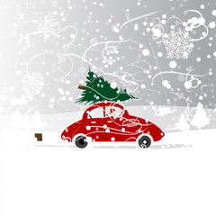 Car with christmas tree, winter blizzard for your design