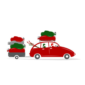 Family moved in red car with luggage