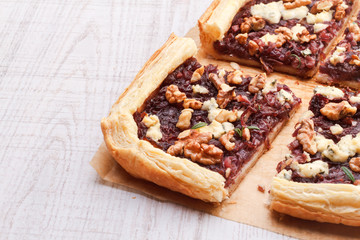 Rustic red onion and brie cheese tart
