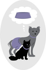 Dog and cat dreaming about a delicious pet food