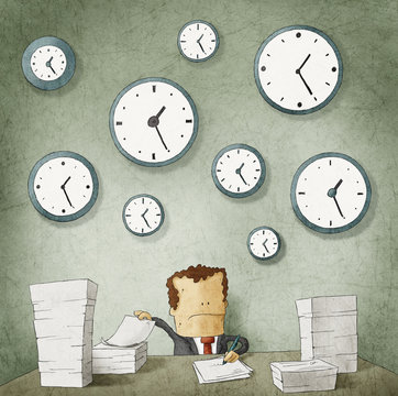 Businessman Drowning In Paperwork. Clocks On Wall