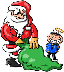 Santa Claus choosing a Christmas gift for a good boy