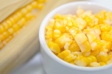 Yellow corn grain in plate (isolated, close up)