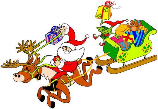 Santa Claus delivering Christmas gifts with a slingshot