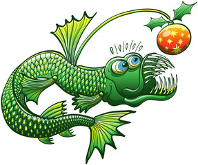 Green angler fish carrying a Christmas decoration