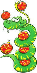 Green snake juggling Christmas balls