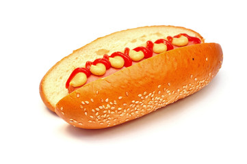 hot dog with tomato ketchup and mustard