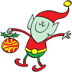 Green elf bringing a Xmas bauble