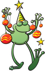 Green frog holding Christmas baubles and smiling