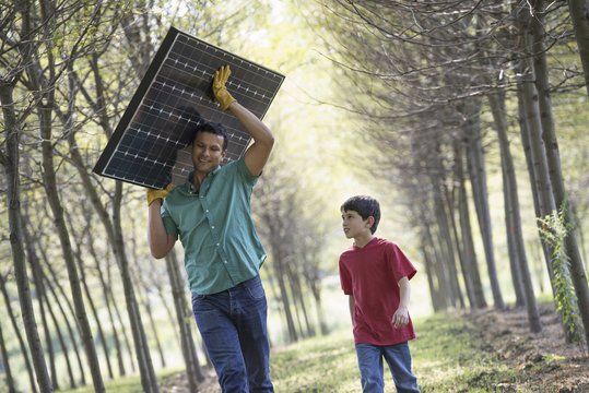 A man carrying a solar panel down an avenue of trees, accompanied by a child. 