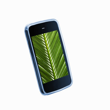 A small handheld communication device or phone with a green palm leaf image on the screen. 