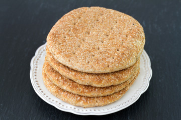 bread on plate on black background