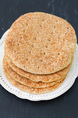 bread on white plate on black background