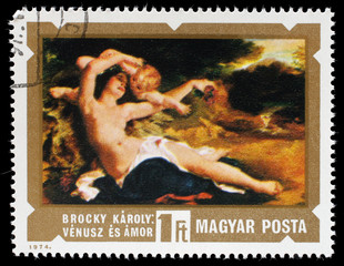 Stamp from Hungary shows Venus and Amor by K. Lotz, circa 1974