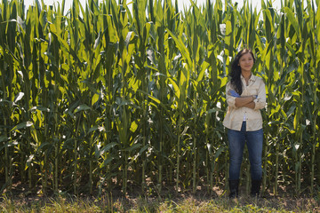 A young woman standing with arms folded, in front of a very tall maize, corn crop in the field.