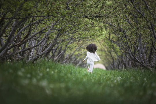 A child running along a natural woodland tunnel with tree branches forming an arch. 