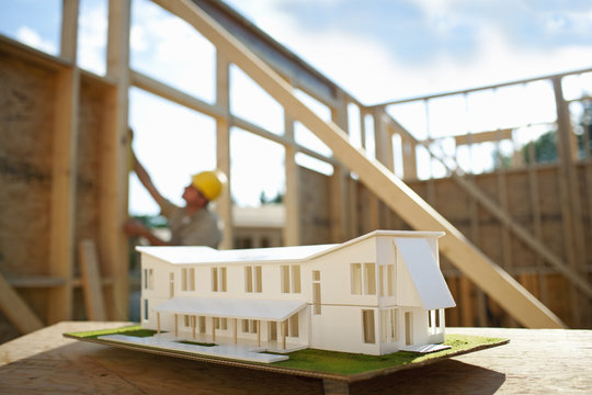 A construction site, a domestic house being built in a rural setting in New York State, USA