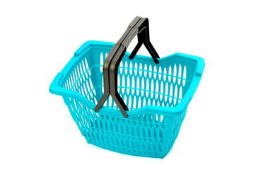 Blue plastic shopping basket with handles up isolated on white.