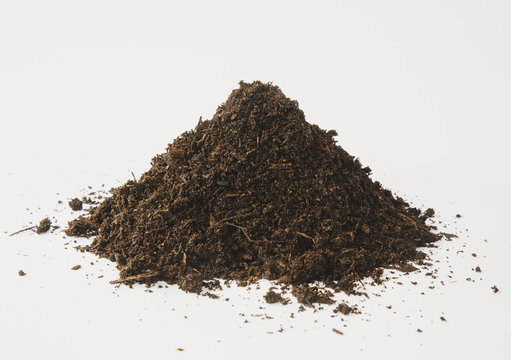 A pile of organic compost on a white background. 