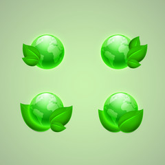 Set of icons for app or web design. Green leaves with the globes