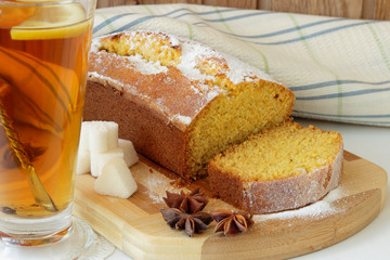 Sponge cake made from corn flour and a cup of tea