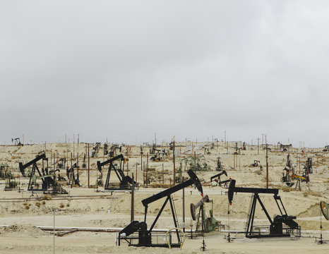 Oil rigs and wells in the Midway-Sunset shale oil fields, the largest in California