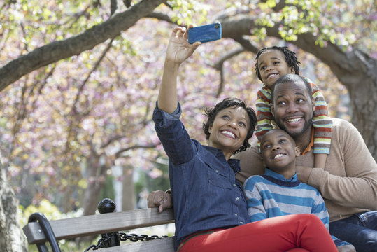 A New York city park in the spring. Cherry blossom. A woman taking a selfy picture with her smart phone of her family.