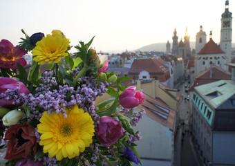 Prague view and beautiful bouquet of flowers