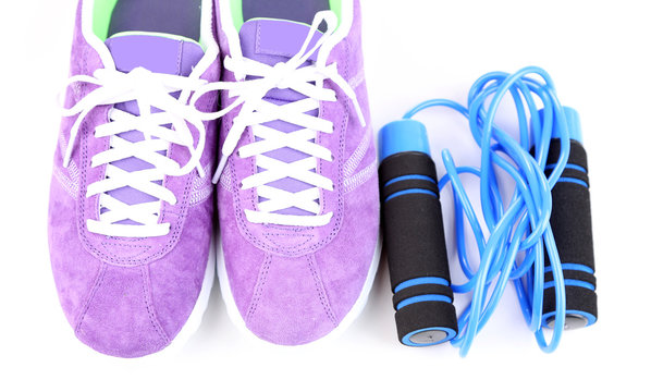 Sneakers and sport equipment. Conceptual photo of fitness