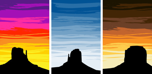 Monument Valley Silhouettes on Different Sunset Skies, EPS8 Vect