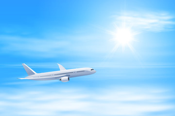 Fototapeta na wymiar Illustration of airplane in the sky with sun