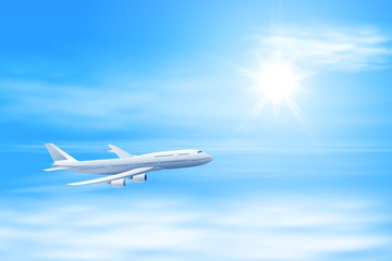 Fototapeta na wymiar Illustration of airplane in the sky with sun