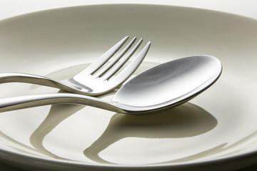 Metal spoon and fork on dish.