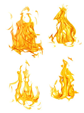 four isolated yellow and orange flames set