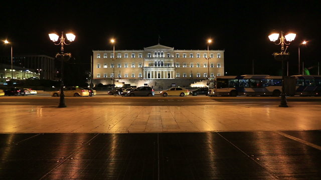 City Traffic and Parliament Building  Athens at Night Time