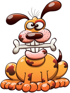 Happy Dog Seated Chewing a Bone and Smiling